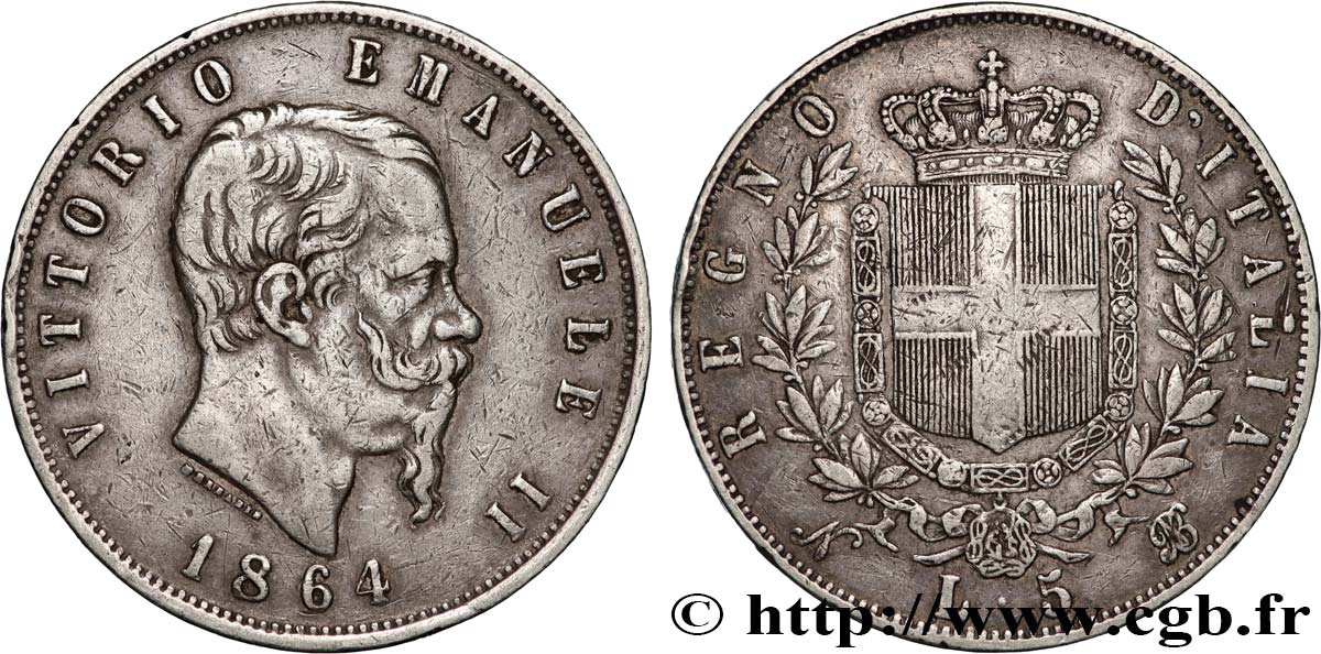 ITALY - KINGDOM OF ITALY - VICTOR-EMMANUEL II 5 Lire  1864 Naples VF 