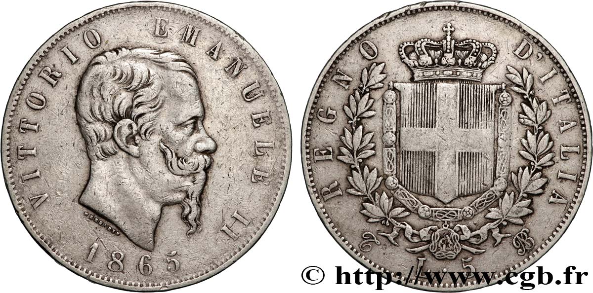 ITALIA - REINO DE ITALIA - VÍCTOR-MANUEL II 5 Lire 1865 Turin BC+ 
