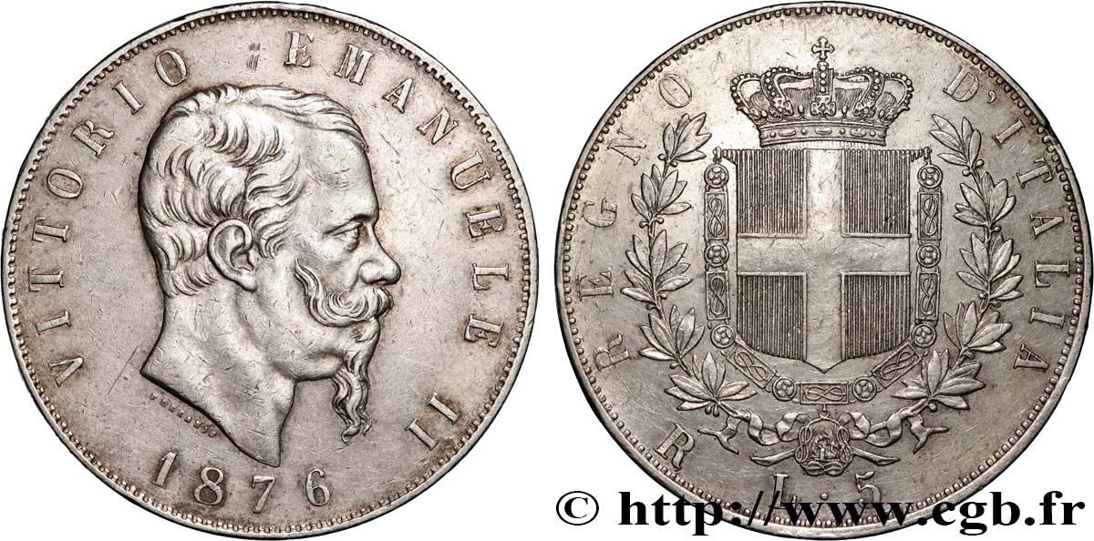 ITALY - KINGDOM OF ITALY - VICTOR-EMMANUEL II(5/06/1802-13/03/1821) 5 Lire  1876 Rome AU 