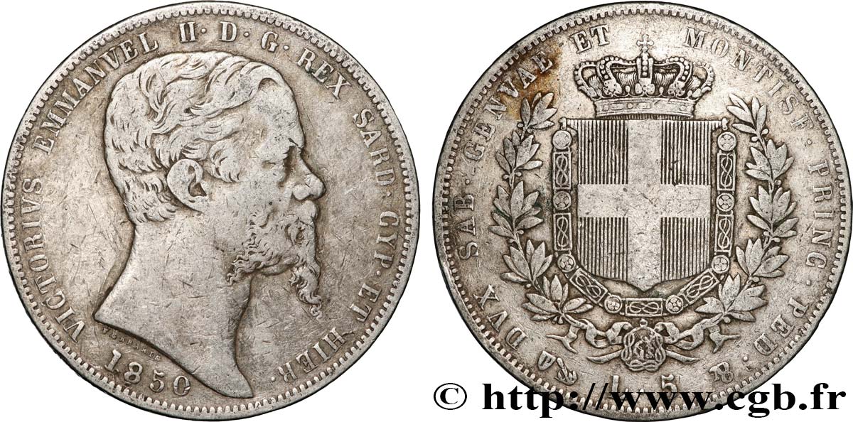ITALY - KINGDOM OF SARDINIA - VICTOR-EMMANUEL II 5 Lire  1850 Gênes VF 