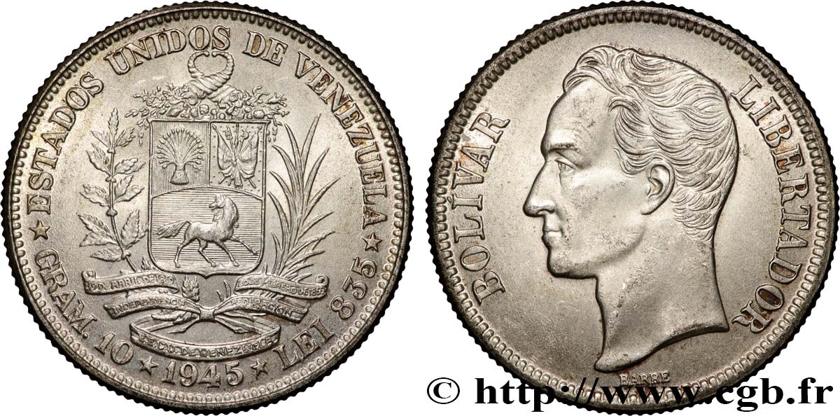 VENEZUELA 2 Bolivares Simon Bolivar 1945 Philadelphie SUP 