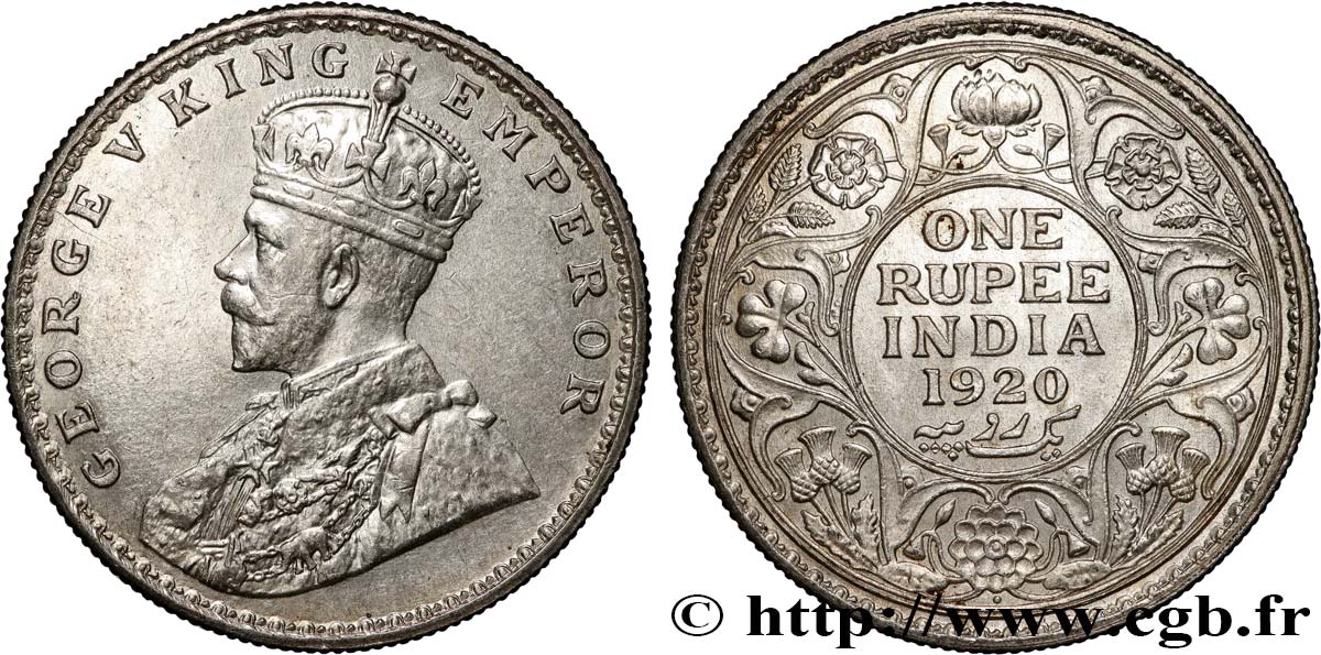 BRITISH INDIA 1 Roupie Georges V 1920 Bombay AU 