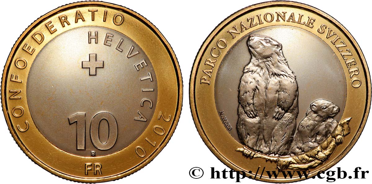 SWITZERLAND 10 Francs Parc National Suisse – marmottes 2010 Berne - B MS 