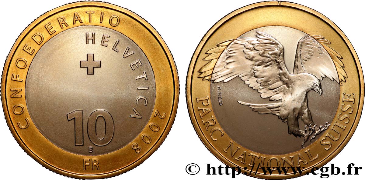 SWITZERLAND 10 Francs Parc National Suisse – Aigle royal 2008 Berne MS 