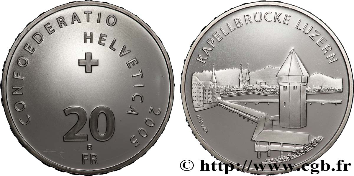 SVIZZERA  20 Francs le Pont de la Chapelle à Lucerne 2005 Berne - B FDC 