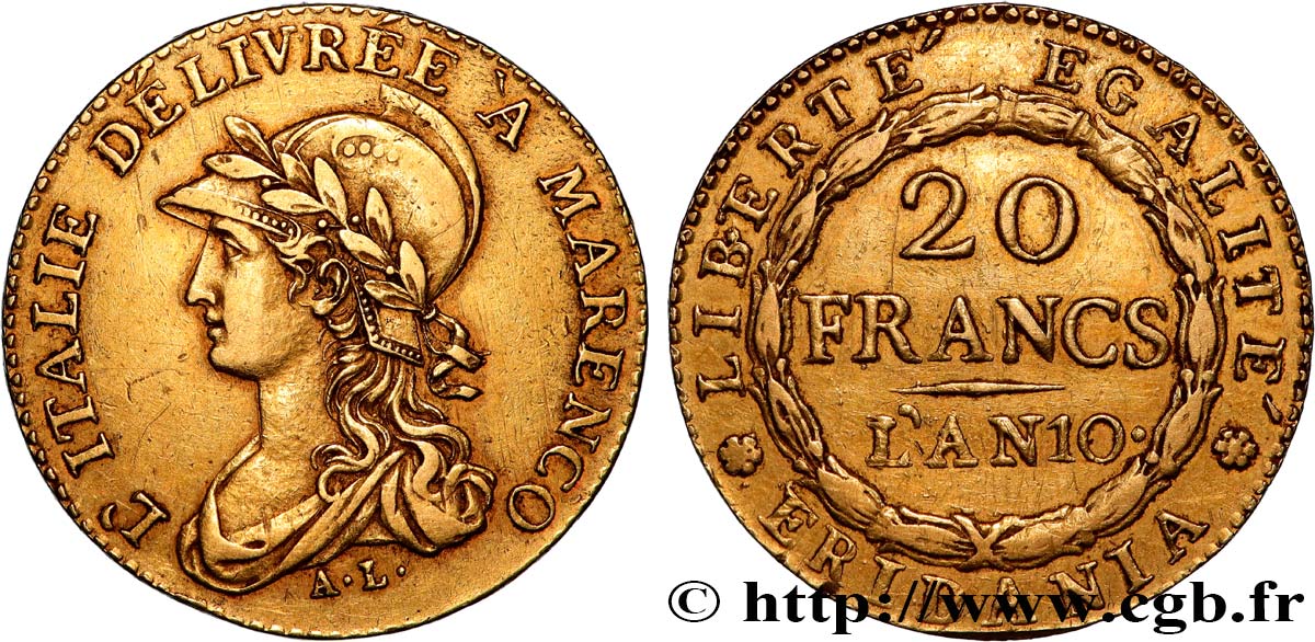 ITALIA - GALLIA SUBALPINA 20 francs or Marengo 1802 Turin MBC+ 