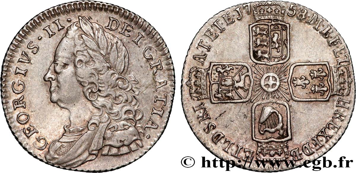 VEREINIGTEN KÖNIGREICH 6 Pence Georges II 1758  VZ 