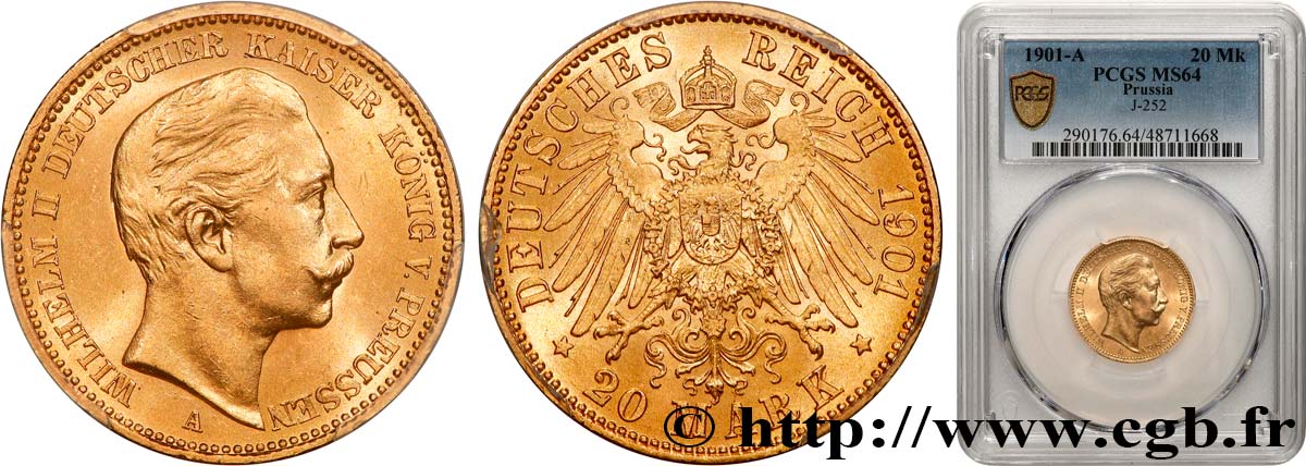 GERMANY - KINGDOM OF PRUSSIA - WILLIAM II 20 Mark 1901 Berlin MS64 PCGS