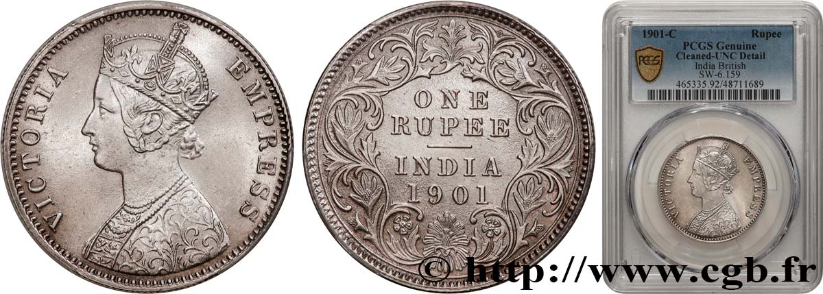 BRITISH INDIA 1 Rupee (Roupie) Victoria 1901 Calcutta MS PCGS