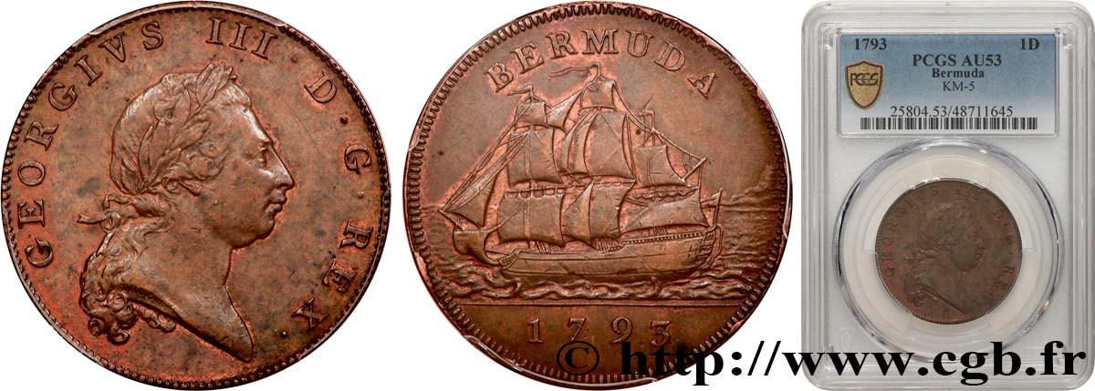 BERMUDA 1 Penny Georges III 1793  AU53 PCGS