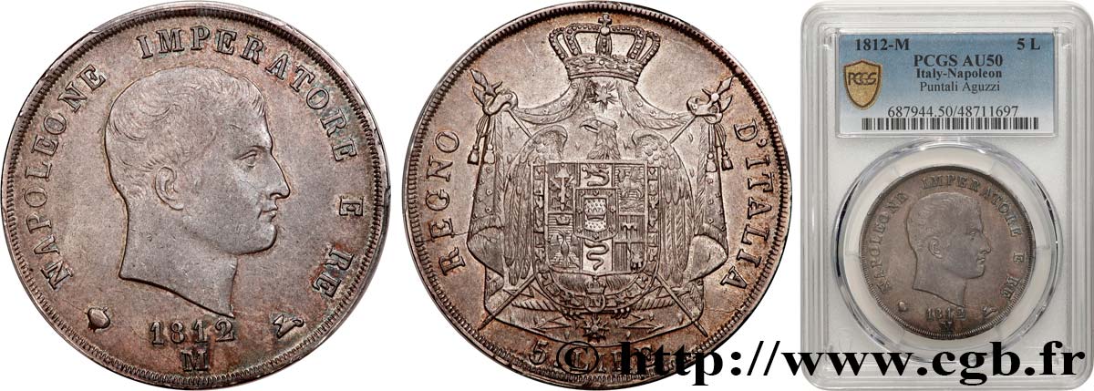 ITALY - KINGDOM OF ITALY - NAPOLEON I 5 Lire 1812 Milan AU50 PCGS