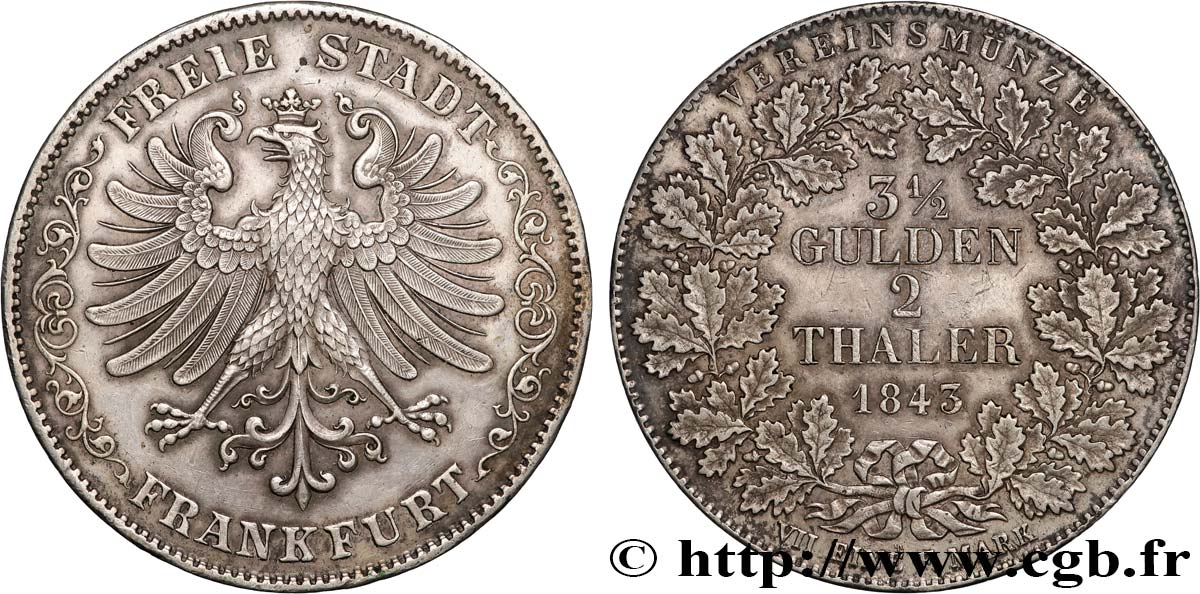 GERMANY - FRANKFURT FREE CITY 2 Thaler (3 1/2 Gulden) 1843 Francfort AU 
