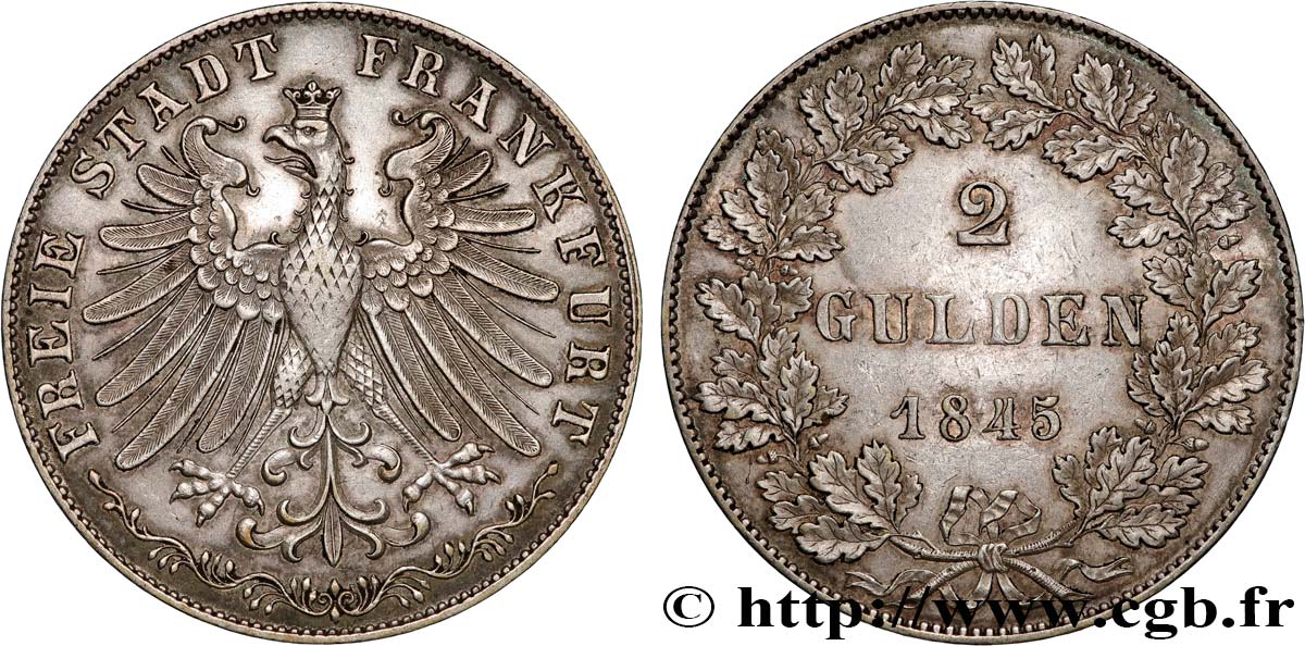 ALEMANIA - CIUDAD LIBRE DE FRáNCFORT 2 Gulden 1845 Francfort MBC+ 