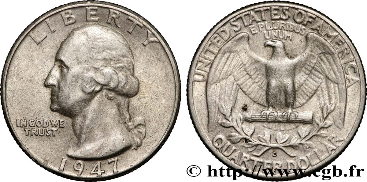 ÉTATS-UNIS D AMÉRIQUE 1/4 Dollar Georges Washington 1947 Denver - D TTB 