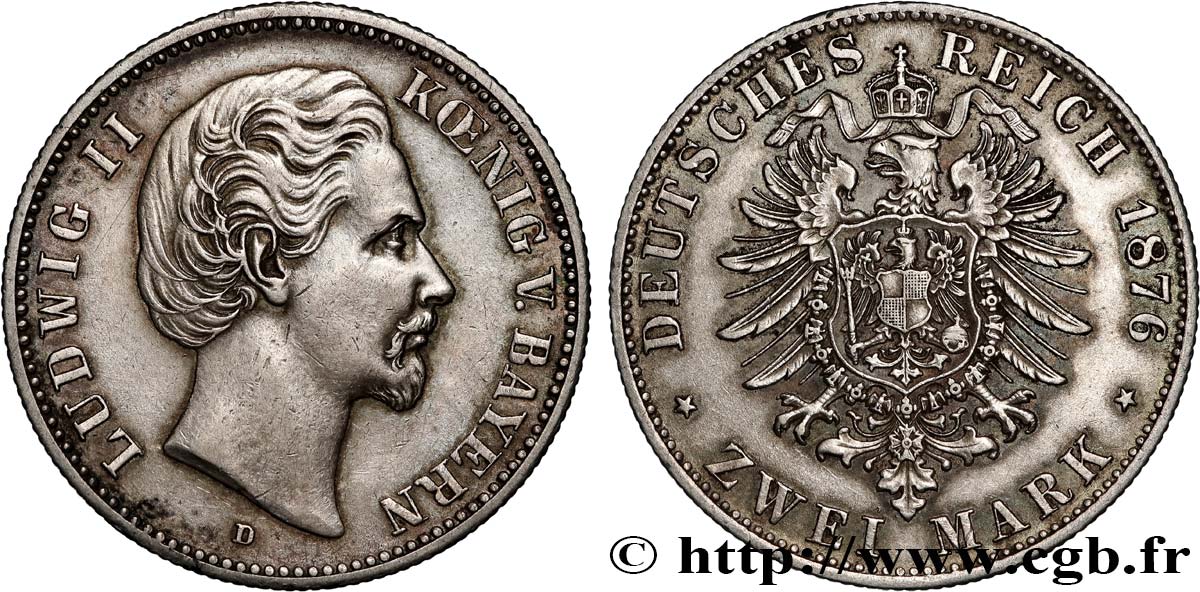 GERMANY - KINGDOM OF BAVARIA - LUDWIG II 2 Mark Louis II  1876 Munich XF 