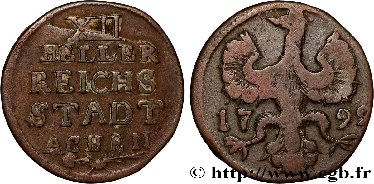 GERMANY - AACHEN 12 (XII) Heller ville de Aachen aigle 1792  VF 