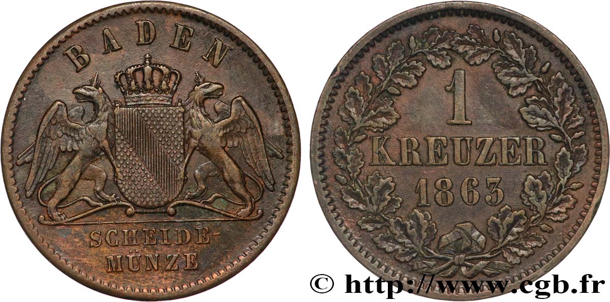 GERMANY - BADEN 1 Kreuzer Grand-Duché de Bade 1863  AU 