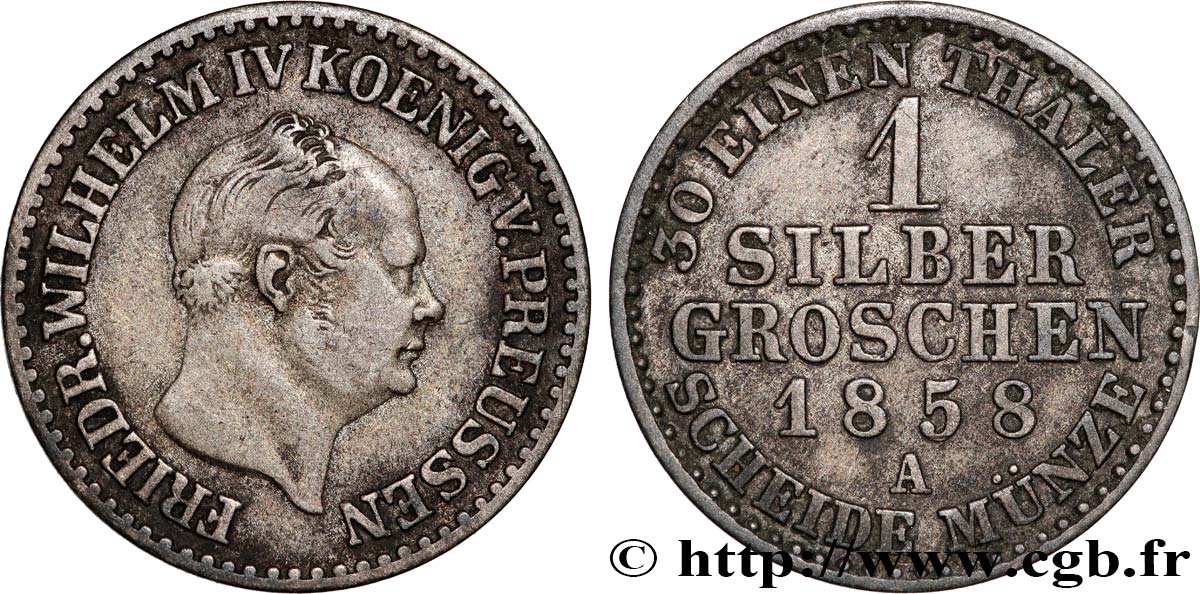 GERMANY - PRUSSIA 1 Silbergroschen Frédéric Guillaume IV 1858 Berlin XF 