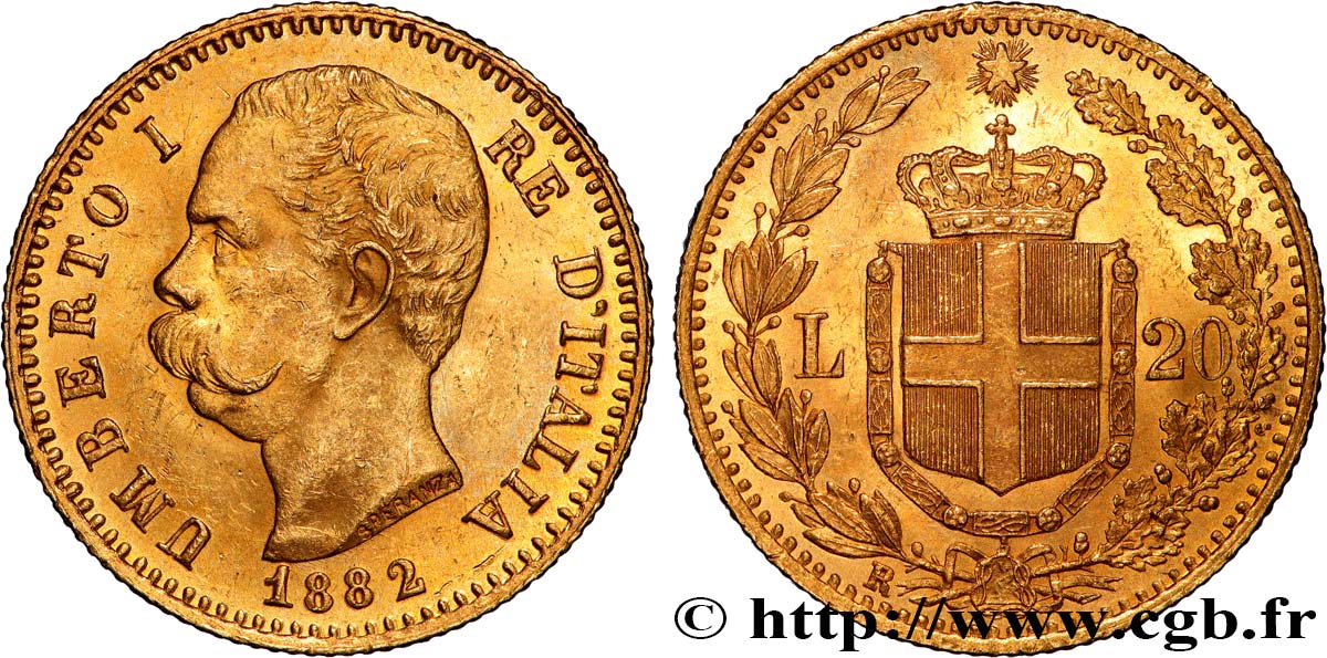 INVESTMENT GOLD 20 Lire Umberto Ier 1882 Rome AU 