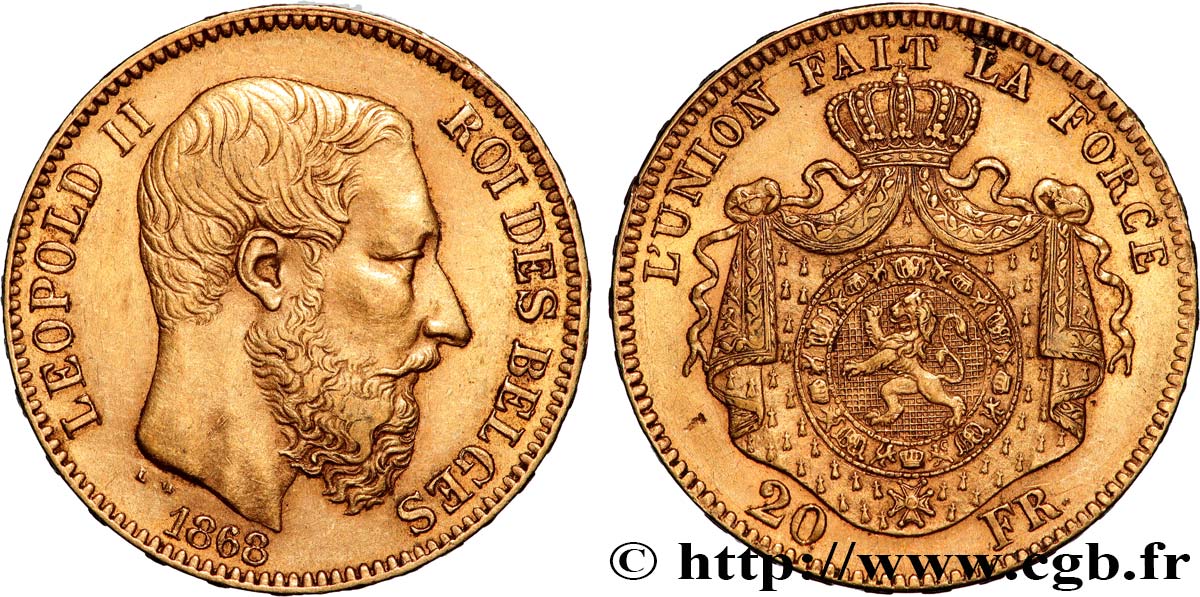 OR, PALLADIUM ET PLATINE INVESTISSEMENT 20 Francs Léopold II 1868 Bruxelles TTB+ 