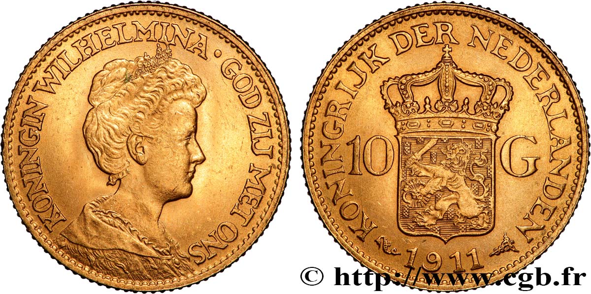 OR D INVESTISSEMENT 10 Gulden, 3e type Wilhelmina 1911 Utrecht SUP 
