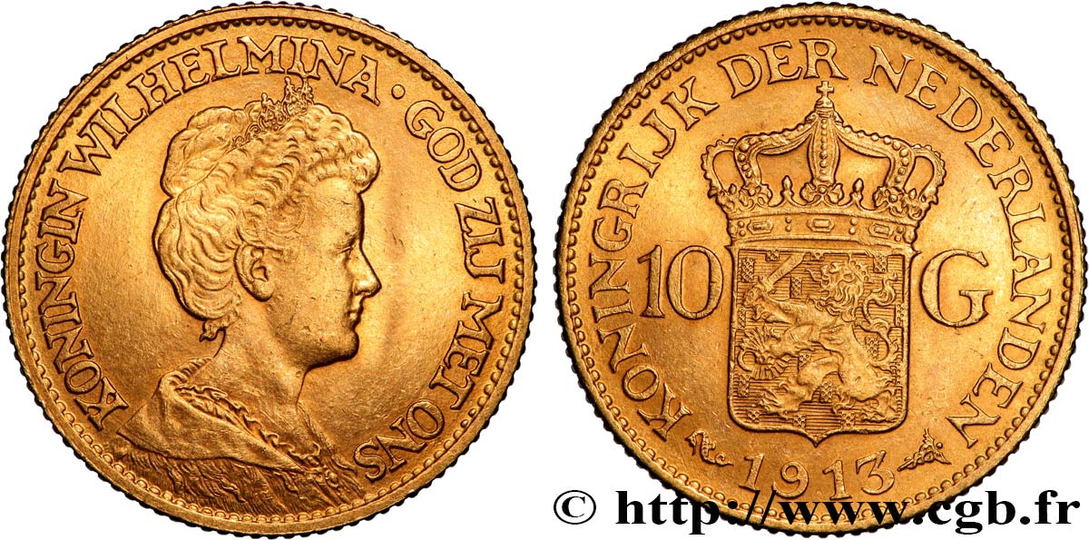 INVESTMENT GOLD 10 Gulden Wilhelmina 1913 Utrecht AU 