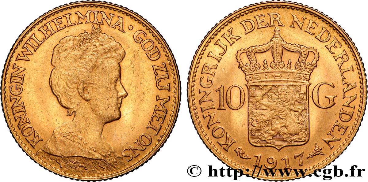 OR D INVESTISSEMENT 10 Gulden, 3e type Wilhelmina 1917 Utrecht TTB+ 