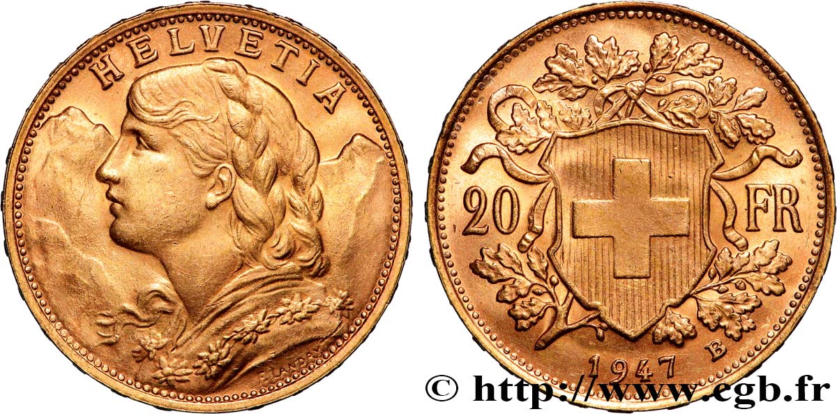 INVESTMENT GOLD 20 Francs or  Vreneli  1947 Berne EBC 