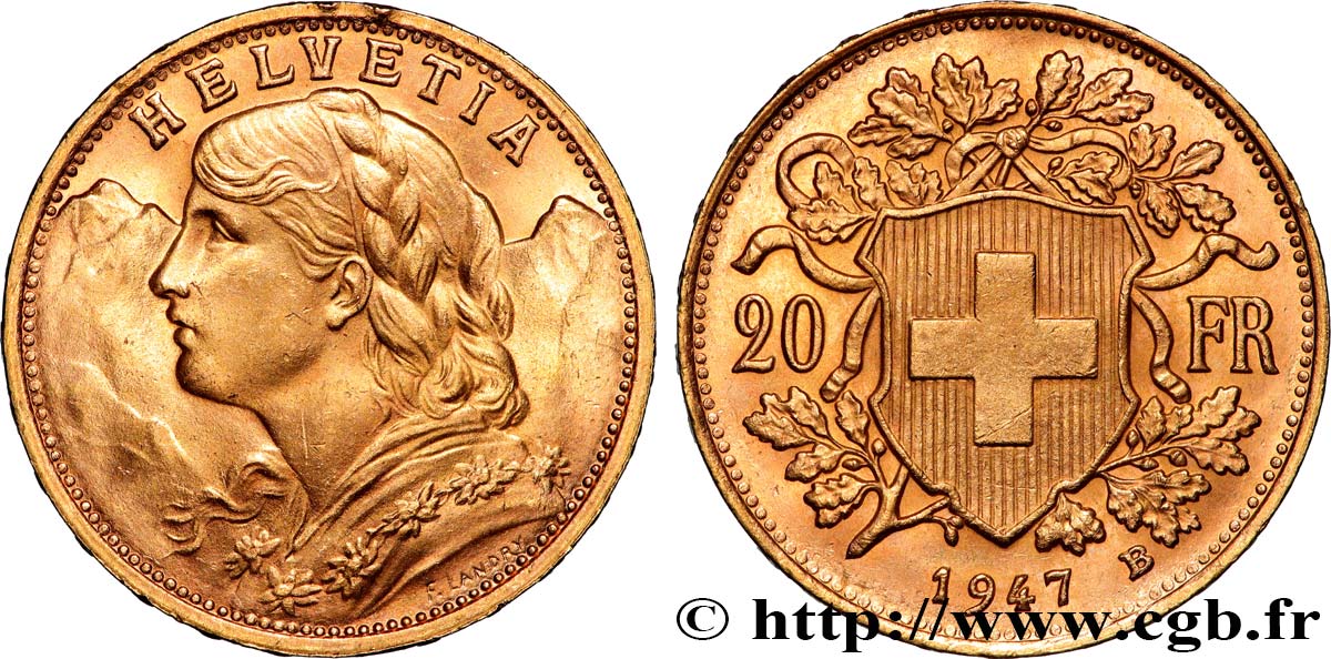 OR D INVESTISSEMENT 20 Francs or  Vreneli  1947 Berne SUP 