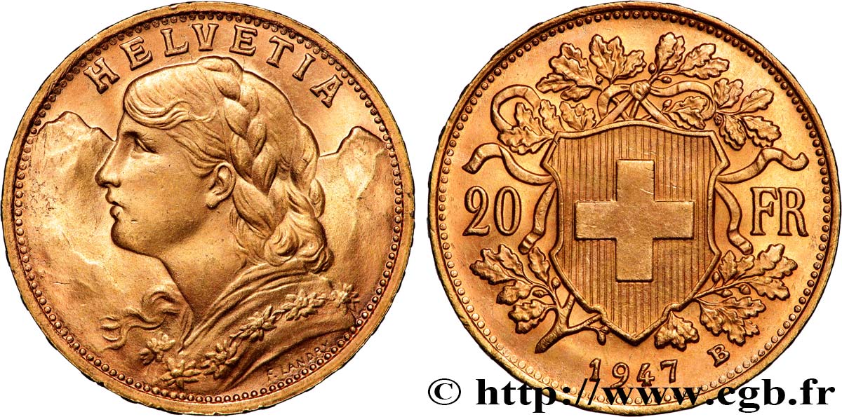 INVESTMENT GOLD 20 Francs or  Vreneli  1947 Berne AU 