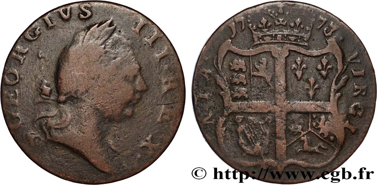 ÉTATS-UNIS D AMÉRIQUE 1/2 Penny Georges III Virginie 1773 Londres TB 