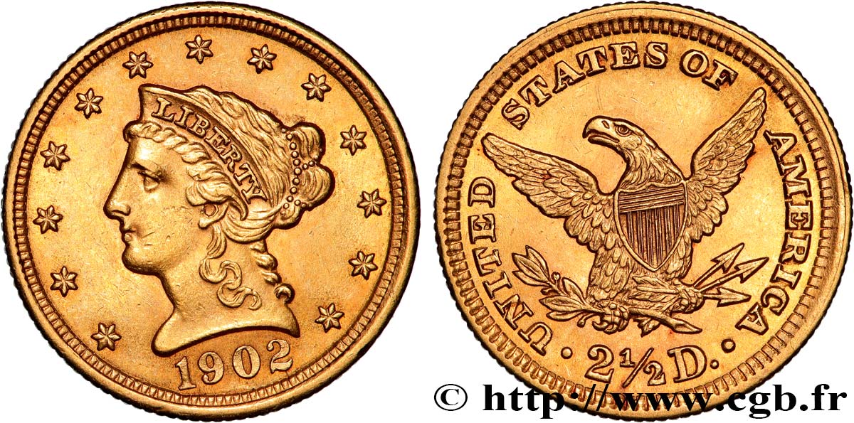 ÉTATS-UNIS D AMÉRIQUE 2 1/2 Dollar “Liberty Head” 1902 Philadelphie SUP 