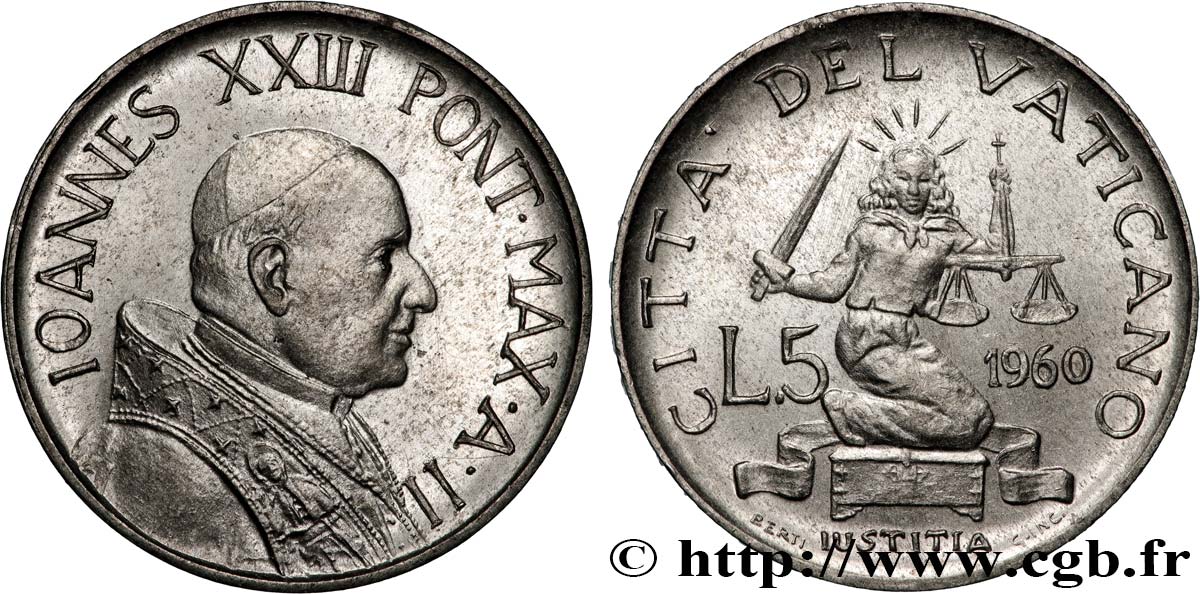 VATIKANSTAAT UND KIRCHENSTAAT 5 Lire Jean XXIII an II 1960 Rome fST 