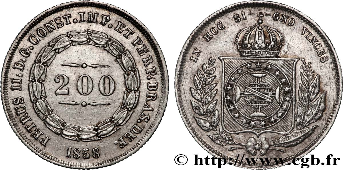 BRAZIL - EMPIRE OF BRAZIL - PETER II 200 Reis 1858  XF 