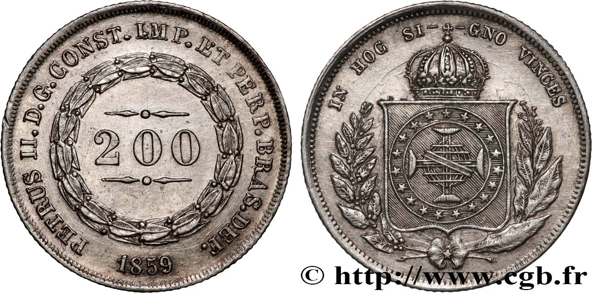 BRAZIL - EMPIRE OF BRAZIL - PETER II 200 Reis  1859  AU 