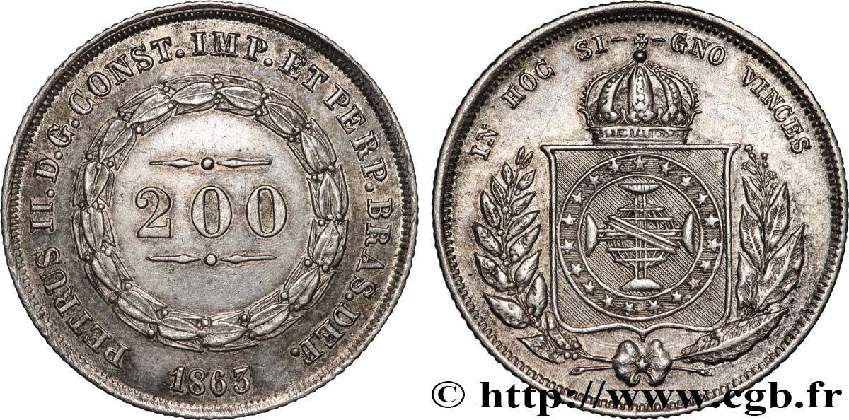 BRÉSIL - EMPIRE DU BRÉSIL - PIERRE II 200 Reis  1863  TTB+ 