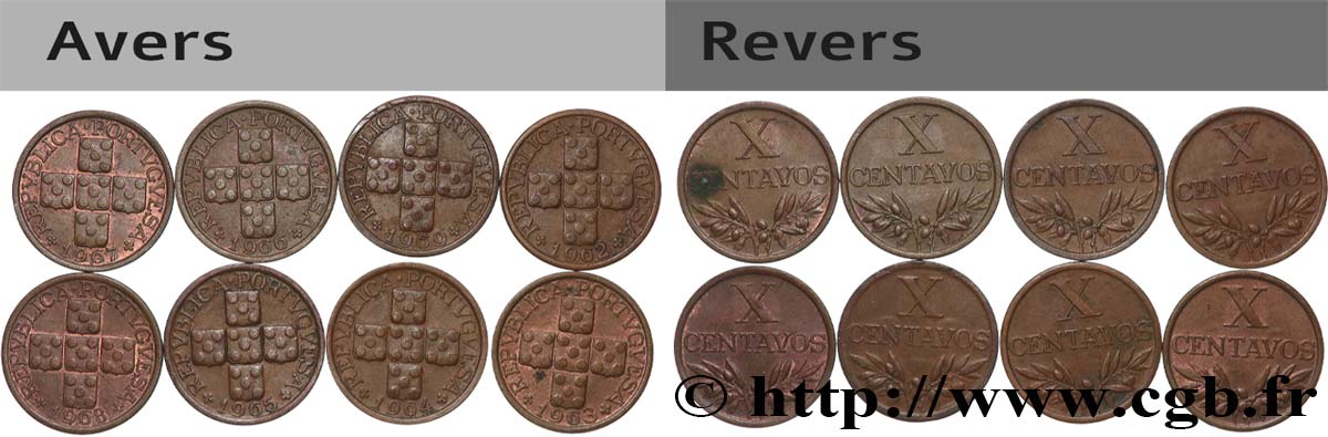 PORTUGAL Lot 8 x 10 Centavos 1962-1969  VZ 