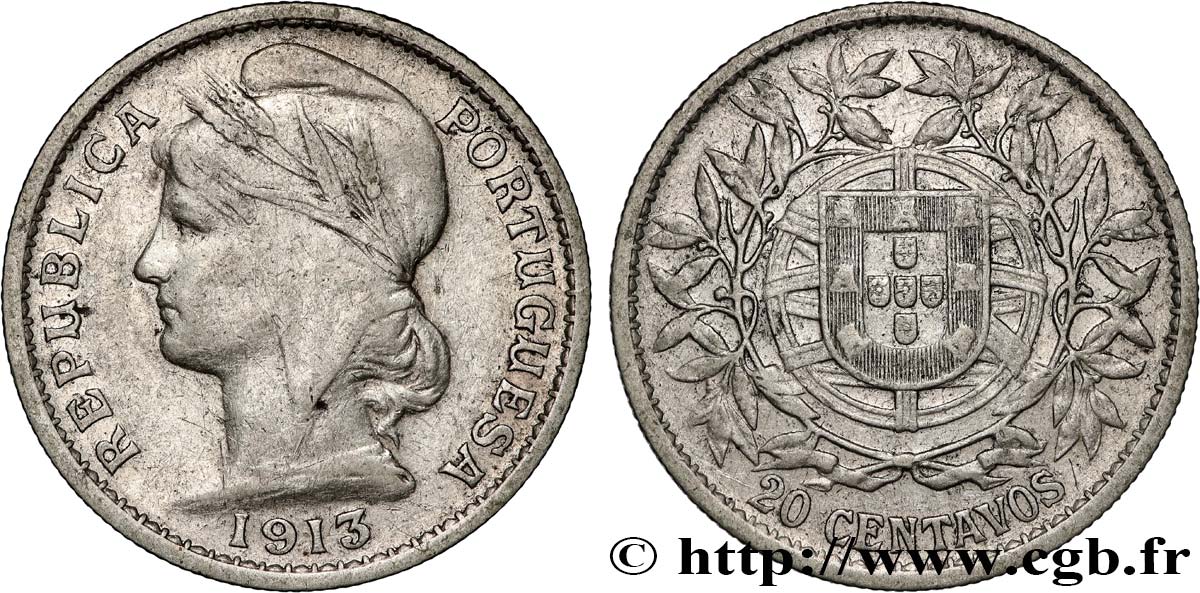 PORTUGAL 20 Centavos 1913  XF 