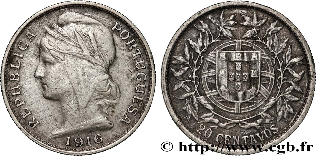 PORTUGAL 20 Centavos 1916  XF 