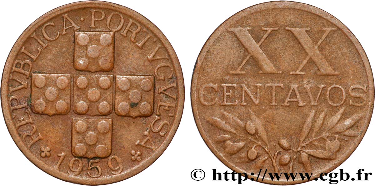 PORTUGAL 20 Centavos 1959  TTB+ 