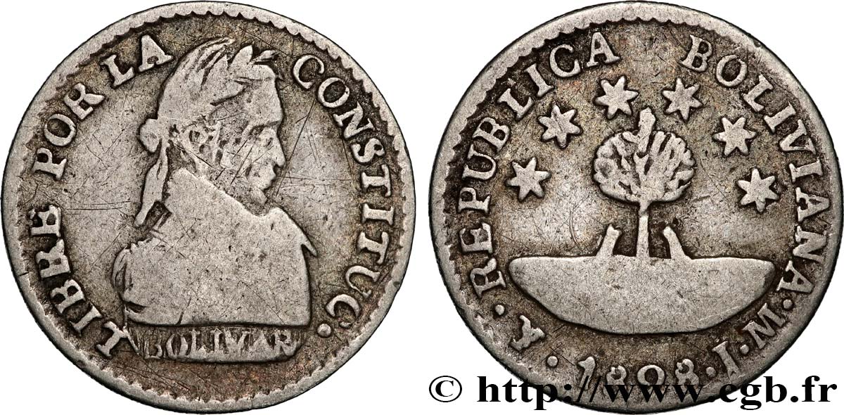 BOLIVIA 1/2 Sol Simon Bolivar 1828 Potosi BC+ 