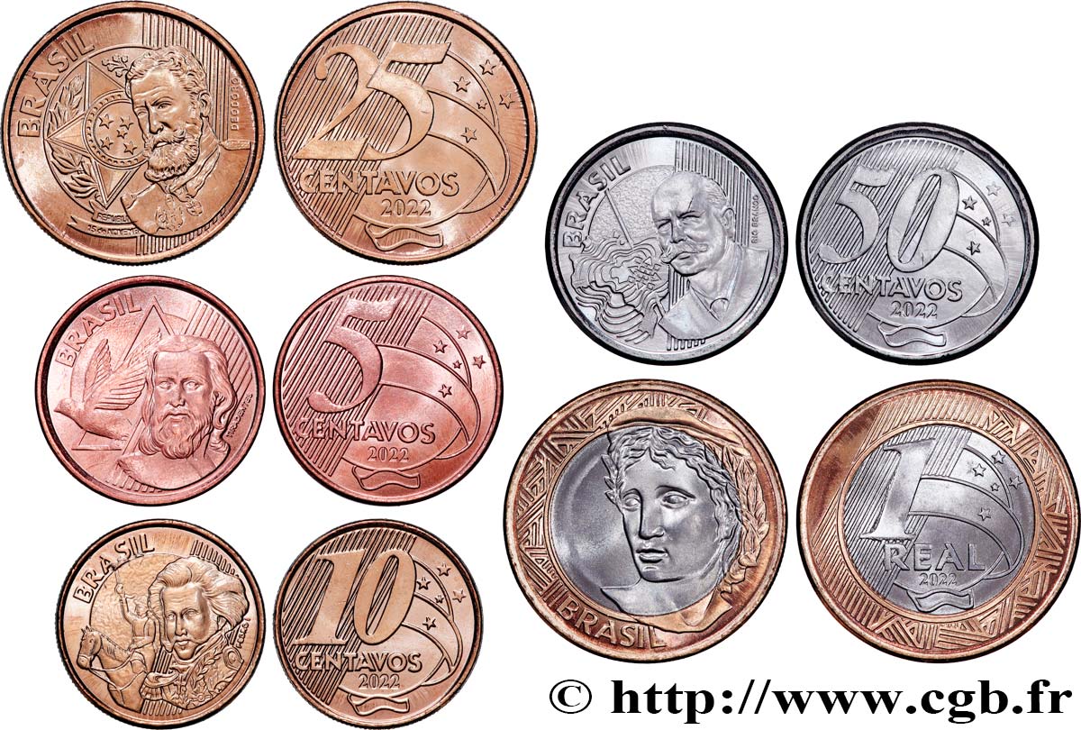 BRAZIL Lot 5 monnaies 5, 10, 25 & 50 Centavos, 1 Real 2022  MS 