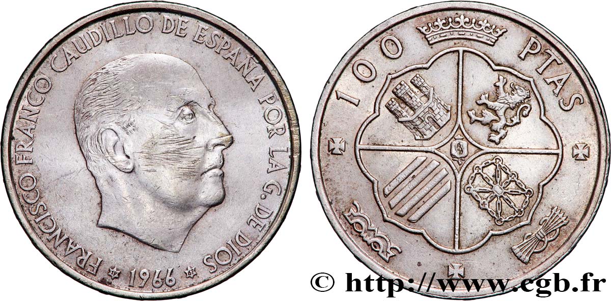SPANIEN 100 Pesetas Francisco Franco (1967 dans les étoiles) 1966 Madrid SS 