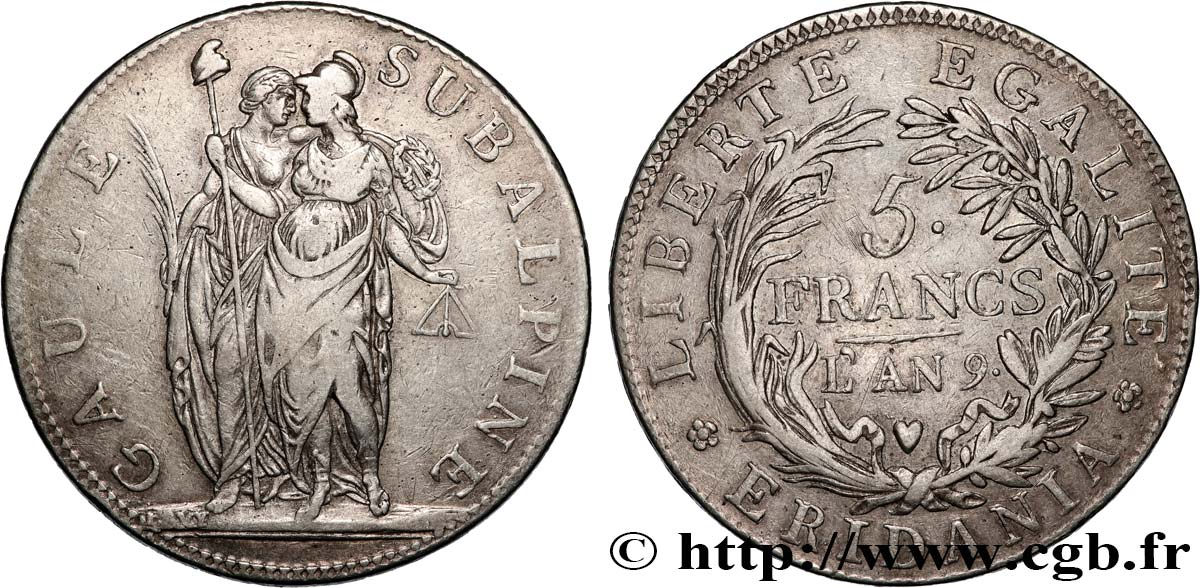 ITALIA - GALIA SUBALPINA 5 Francs an 9 1801 Turin q.BB 