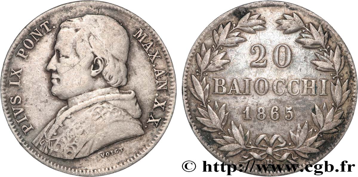 ITALIE - ÉTATS DU PAPE - PIE IX (Jean-Marie Mastai Ferretti) 20 Baiocchi an XX 1865 Rome TB+ 