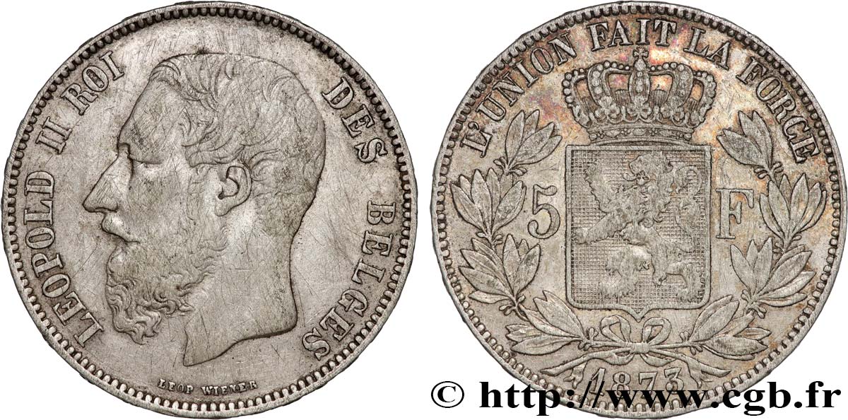 BELGIUM - KINGDOM OF BELGIUM - LEOPOLD II 5 Francs  1873  XF 