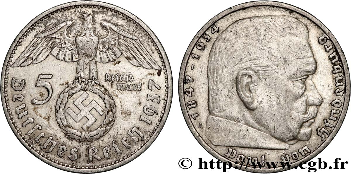 GERMANY 5 Reichsmark Maréchal Paul von Hindenburg 1937 Berlin XF 