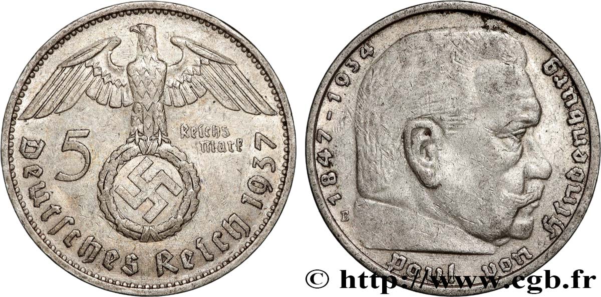 GERMANY 5 Reichsmark Maréchal Paul von Hindenburg 1937 Muldenhütten - E XF 