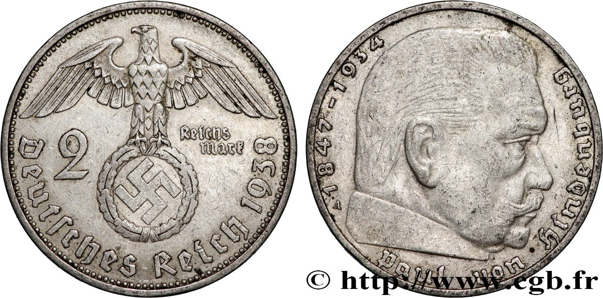 ALLEMAGNE 2 Reichsmark Paul von Hindenburg 1938 Berlin TTB+ 