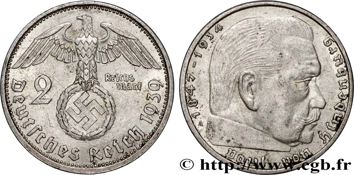 DEUTSCHLAND 2 Reichsmark Maréchal Paul von Hindenburg 1939 Berlin fVZ 